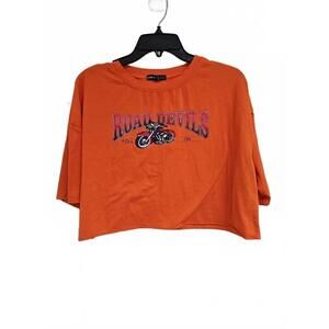 Shein Orange Motorcycle Print Cropped Short Sleeve Shirt Size L (12)
